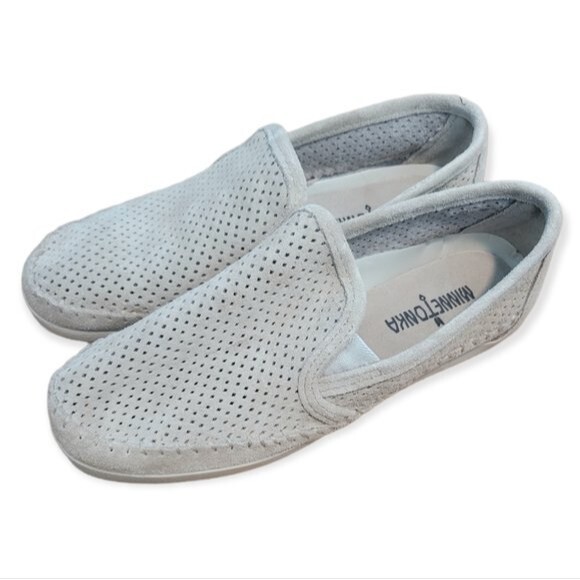 Minnetonka Shoes - Minnetonka Pacific Beige Perforated Suede Slip On Casual Shoes Size 9.5